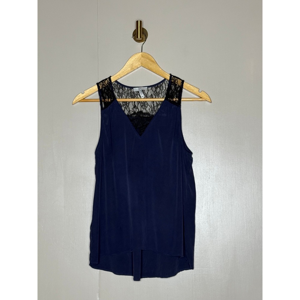 Joie Silk Lace Trim Sleeveless Blouse Navy Blue V Neck Tank Top Small